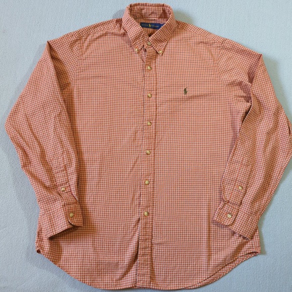 Ralph Lauren Long Sleeve Button Down Shirt Orange White Check Green Pony Size L - Picture 2 of 8